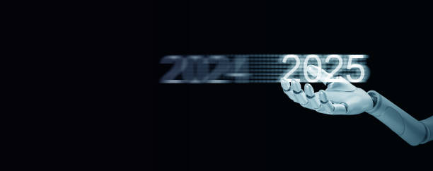 istock Happy new year 2025. Artificial intelligence, Ai, Robotic hand holding on a changing 2024 into 2025 to welcome the coming year of new technology era. 1940073511