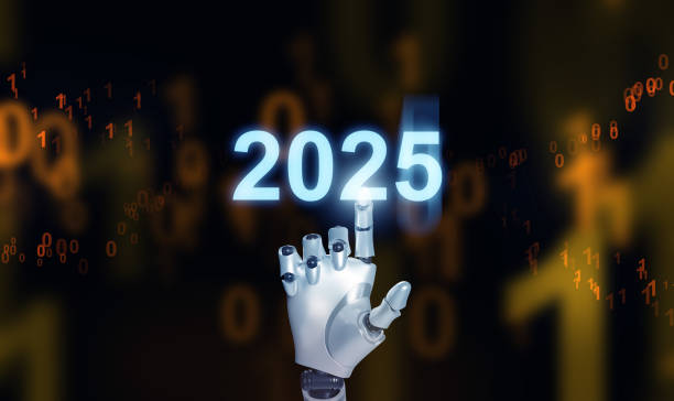 istock Happy new year 2025. Artificial intelligence, Ai, Robotic hand tapping on the year to change it into 2025 to start and welcome new technology journey. 1940073512