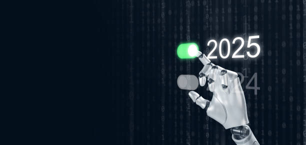 istock Happy new year 2025. Artificial intelligence, Ai, Robotic hand tapping on an on-switch, toggle button, to start and welcome the coming year of new technology journey. 1940073635