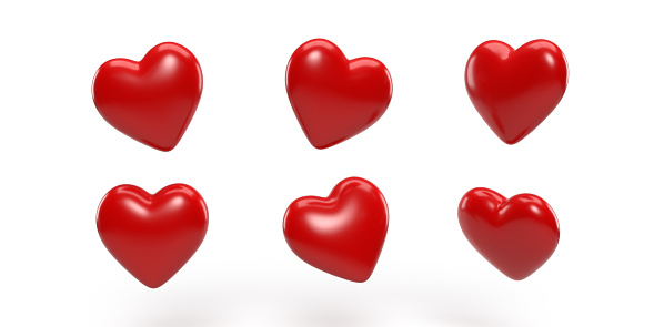 6 bright red hearts appearing at different angles on a white background. Thanks to the clipping path feature, it can be easily cut and used separately.