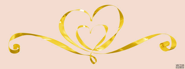 istock Yellow ribbons 2 hearts isolated on beige background. Continuous gold ribbon line art drawing. Element for Valentine's day, mother's day wedding and print. 3D vector illustration. 1940091844