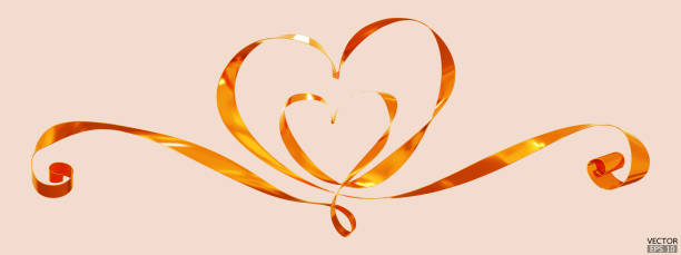 istock Yellow ribbons 2 hearts isolated on beige background. Continuous gold ribbon line art drawing. Element for Valentine's day, mother's day wedding and print. 3D vector illustration. 1940091988