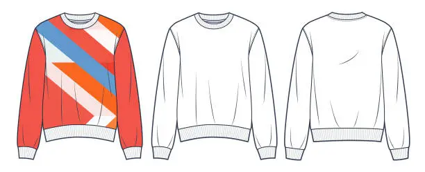 Vector illustration of Sweatshirt technical fashion illustration, geometric design. Sweater fashion flat technical drawing template, relaxed fit, front and back view, white, orange color, women, men, unisex Top CAD mockup set.