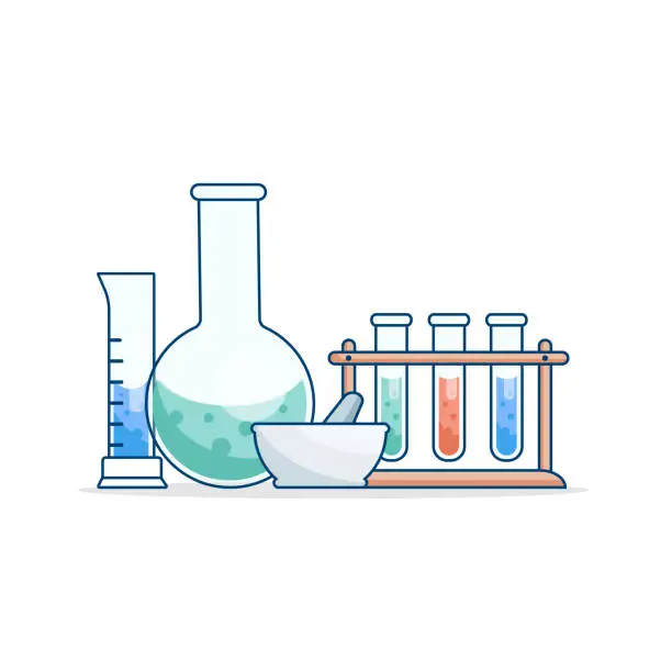 Vector illustration of Round and flat-bottomed flasks, tubes with solutions and reagents. Laboratory glassware. Chemical reaction.