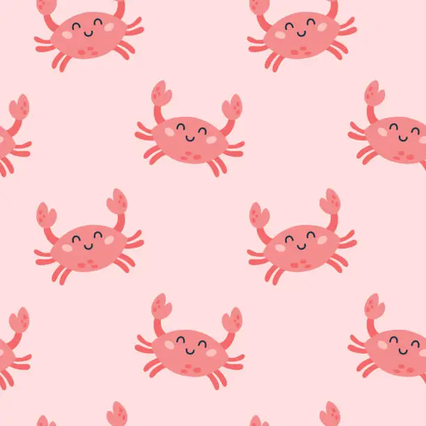 Vector illustration of Seamless pattern with cute cartoon crab character on a pink background. Childish sea animals design for fabric, textile, paper.