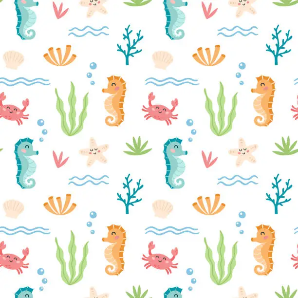 Vector illustration of Childish seamless pattern with cartoon seahorse, crab, starfish character on a white background. Cute sea animals and underwater life design for fabric, textile, paper.