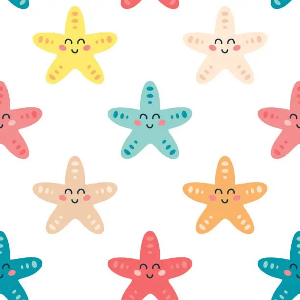 Vector illustration of Childish seamless pattern with cute colored cartoon starfish character on a white background. Cute sea animals design for fabric, textile, paper.