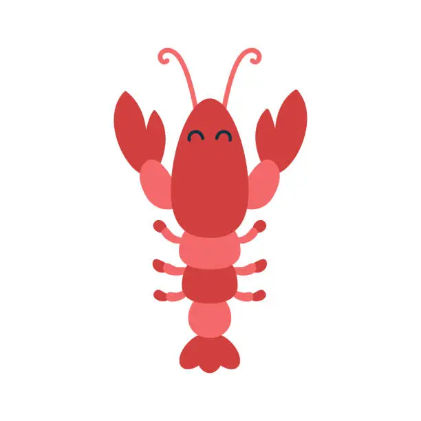Vector illustration of Cartoon hand drawn happy lobster on isolated white background. Character of the sea animals for the logo, mascot, design.