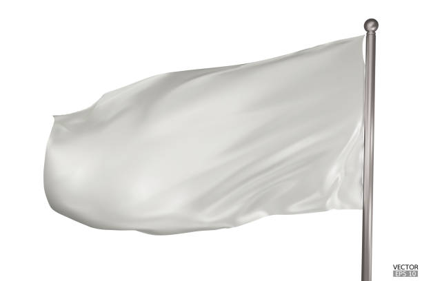 istock Blank white flag on white background. A White flag waving in the wind on the flagpole. White flag template. 3d vector illustration. 1940093048