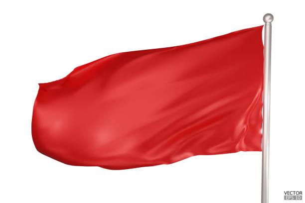 istock Blank red flag on white background. A red flag waving in the wind on the flagpole. Red flag template. 3d vector illustration. 1940093604