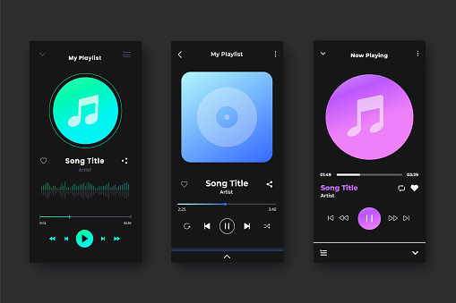 Set of music player app for mobile phones.  Music player app interface. Vector stock