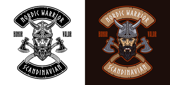 Viking head and crossed axes vector emblem, label, badge or print in two styles colored and black and white