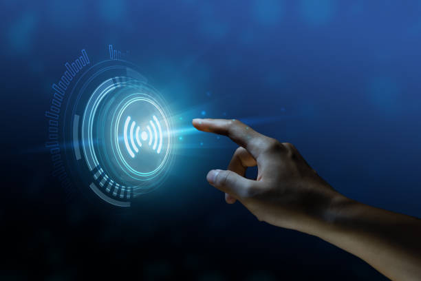 Wifi Wireless internet connection Wifi Wireless internet connection network technology concept. Hand pressing button on virtual screen. Radio Frequency Identification Devices in Healthcare Market Trends: Emerging Innovations and Dynamics stock pictures, royalty-free photos & images