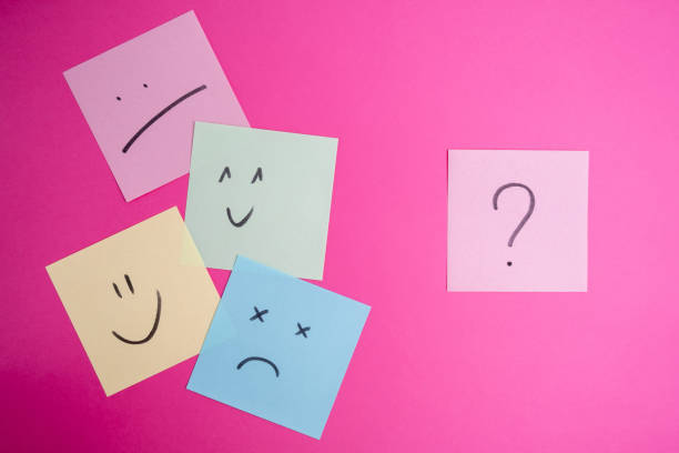 istock Paper cards with various emoticons on a colored background, banner and place for text. Conceptual image of positive thinking and satisfaction level 1940129514