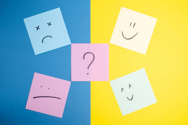 Paper cards with various emoticons on a colored background, banner and place for text. Conceptual image of positive thinking and satisfaction level