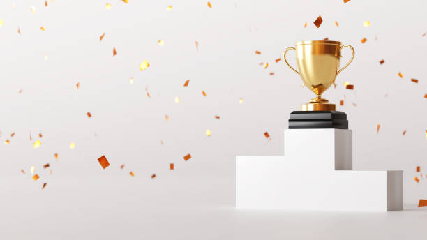 Gold confetti and 3D trophies, podium