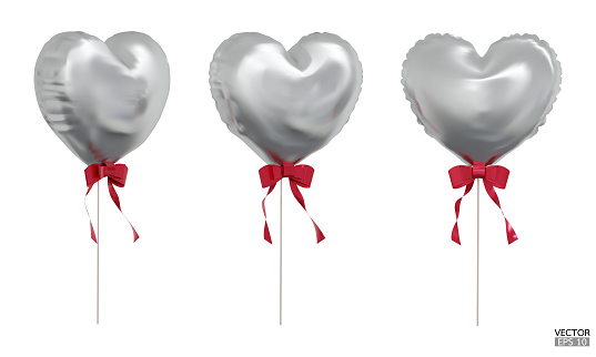 Set of realistic silver heart balloons with red rbbon isolated on background. Helium silver heart balloons clipart for anniversary, birthday, wedding, Christmas, card  party. 3D vector illustration