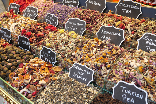 Colorful herbal tea from spice bazaar, traditional tea in Istanbul