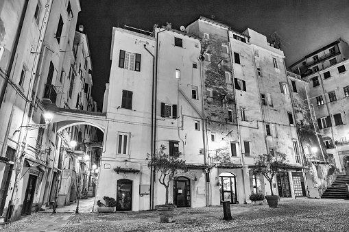 City streets at night in Sanremo, Italy.