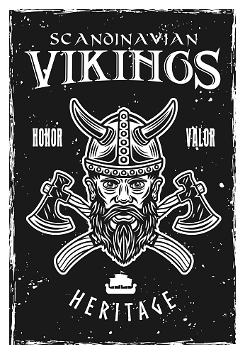 Vikings vector poster vintage illustration in black and white style with grunge textures on separate layers