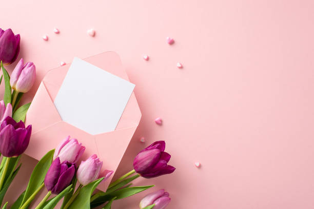 istock Cherish Moments: top view delightful Spring tableau unfolds with open envelope, dainty hearts, fresh tulips on pastel pink. Versatile backdrop for expressions of love or promo content. Space for text 1940151716