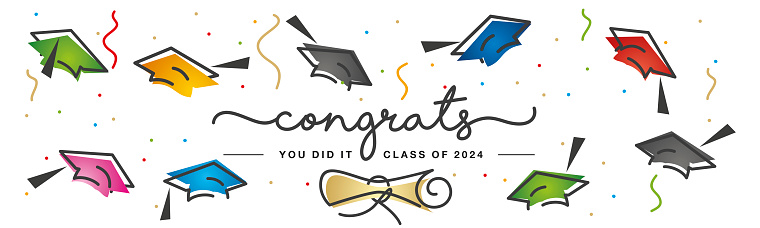 Congrats Class of 2024 handwritten typography. Hand drawn design with diploma colorful confetti and flying graduates caps. Congratulations graduates you did it line design on white background