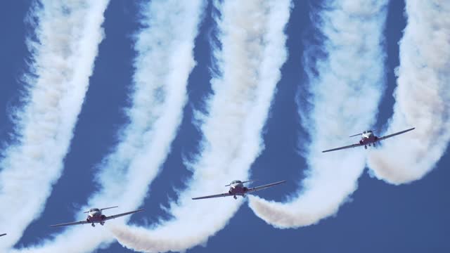 Close Up Shot of Formation of Jet Planes Pulling Up from a Looping