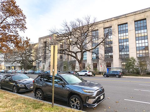 Washington, DC, USA - 12.16.2023: Front view of the Wilbur J. Cohen Building, which houses the headquarters of Voice of America VOA.