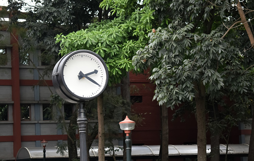 A closeup picture of a unique antique styled clock installed at a public park.