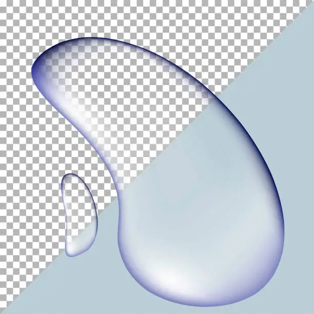 Vector illustration of realistic liquid drops on transparent and blue background