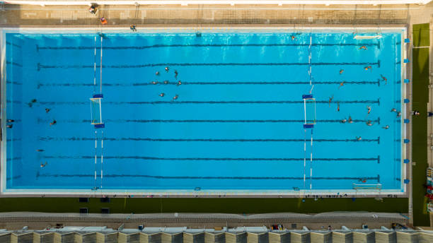 istock Top down view of public swimming pool.  Water polo team practicing. Artistic swimming practicing 1940197800