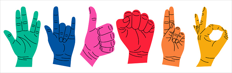 Set of colorful hands with different gestures. Modern trendy flat cartoon style. Hand drawn vector illustration. Hands show rock, ok, like, go.