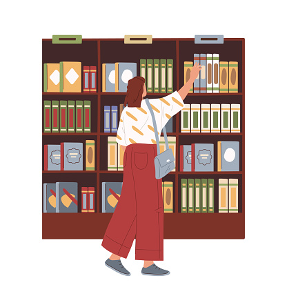 Vector bookstore or library with bookcase. Book store or shop with buyer. Library illustration with reader looking catalog. Inside or interior view on literature institution. Bookshop for reading.