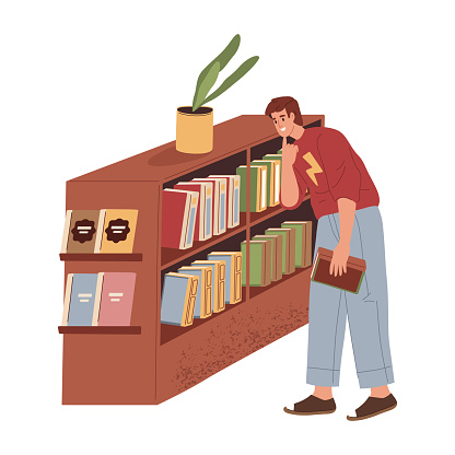 Reader choosing book at bookstore or library. Vector image of bookcase or shelf with books. Bookshop content or lib with paper literature. Buyer at shop or store with reading content. Study and read