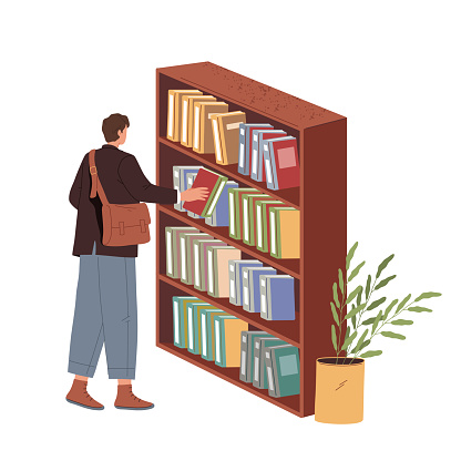 Reader taking book from bookcase for reading. Vector bookstore or bookshop interior. Literature shop or store with shelf. Library or social lib for study and learning, reading. Knowledge content sale.