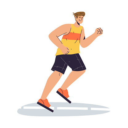 Isolated running man. Vector image of runner at marathon. Flat cartoon sportsman. Outdoor athletic race. Sprinter exercise or scamper training. Fitness workout or competition clipart. Speed jog or run