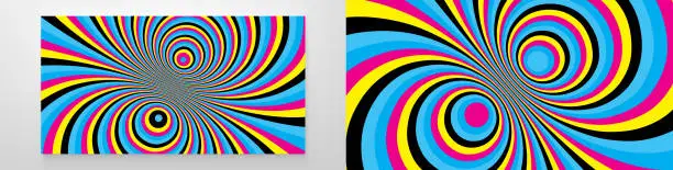 Vector illustration of Abstract background made of distorted lines. Pattern with optical illusion. Psychedelic stripes. Op art design. Convex texture. Vector illustration for brochure, flyer, card, banner or cover.