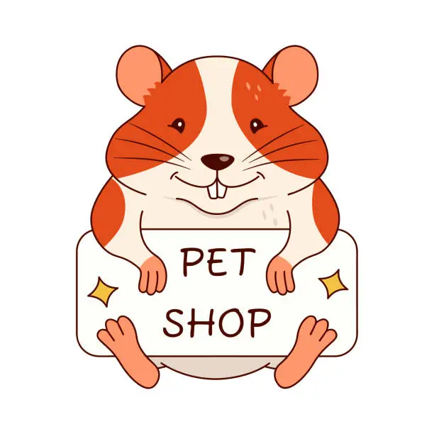 Vector illustration of A cute orange and white laughing hamster holds a table with the inscription Pet Shop  in its paws. Isolated on a white background.