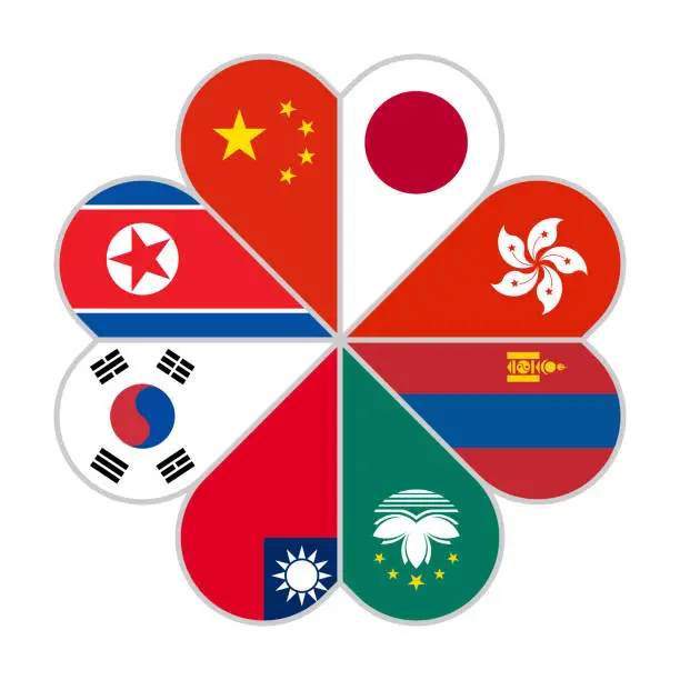 Vector illustration of unity concept. heart shape icon of china, japan, hong kong, mongolia, macau, taiwan, south korea and north korea flags. vector illustration isolated on white background
