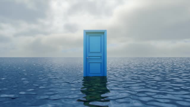 Blue door in the middle of the sea