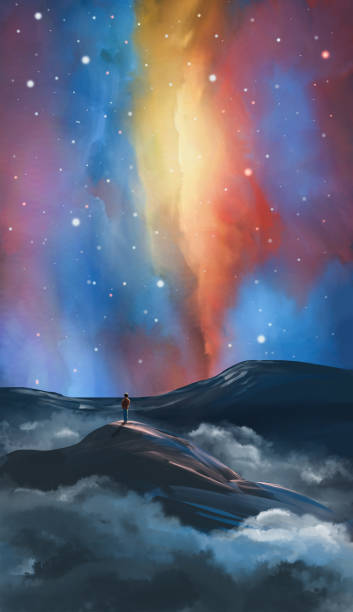 istock Man climber silhouette standing on mountain with nebula and star field . Fantasy digital painting 1940286872