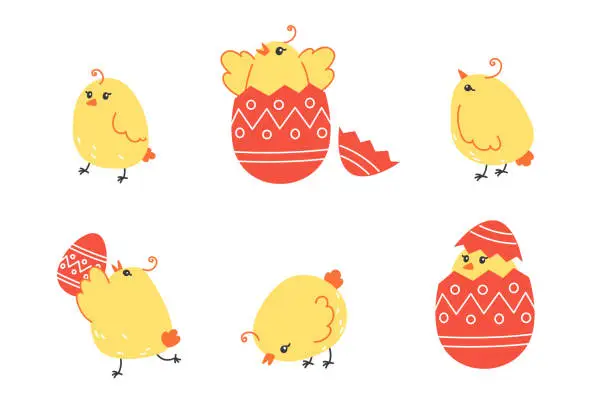 Vector illustration of Set of yellow chickens and painted Easter theme in cartoon style