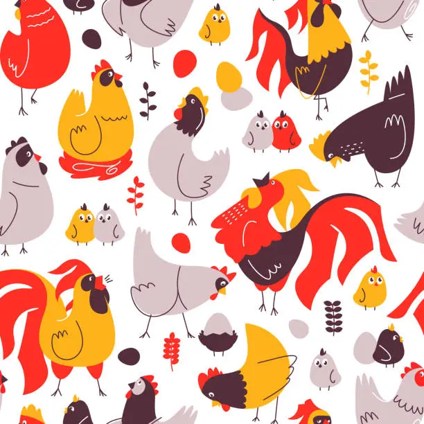 Vector illustration of Cartoon hens pattern. Seamless print of Easter decorative farm animal characters for greeting cards, holiday decor and party decoration. Vector texture