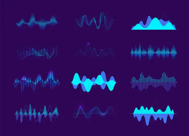 Vector illustration of Colorful sound waves. Music rhythm and melody curve, audio waveforms and sound level, music studio backdrop elements. Vector isolated set