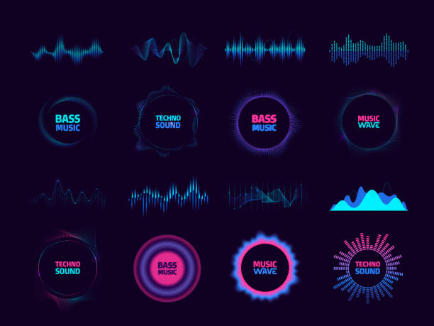 Round waveform. Circular vibration music tune, pulse beat and frequency spectrum, music studio background. Vector isolated set Round waveform. Circular vibration music tune, pulse beat and frequency spectrum, music studio background. Vector isolated set of vibration music waveform illustration sound wave stock illustrations