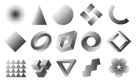 Dithering shapes. Retro 90s style pixel abstract geometric forms, trendy black and white circle and square halftone texture. Vector retro logo badges of dither bitmap design illustration