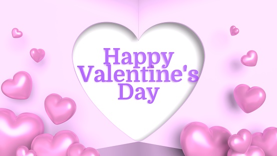 Happy Valentines Day text in a heart shape on white and pink background, pink hearts speed out.