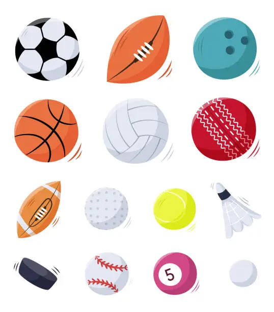Vector illustration of Set of sport balls in hand draw style isolated on white.Soccer, football,rugby,bowling,basketball,volleyball, cricket,golf, tennis, shuttlecock badminton,hockey puck,baseball, billiard,ping pong.