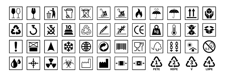 Common packaging, warning symbol set. Common and warning symbol set in black and white flat style. Isolated on transparent
