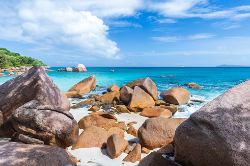 Anse Lazio beach on a sunny day, Coastal landscape of Praslin island, Seychelles